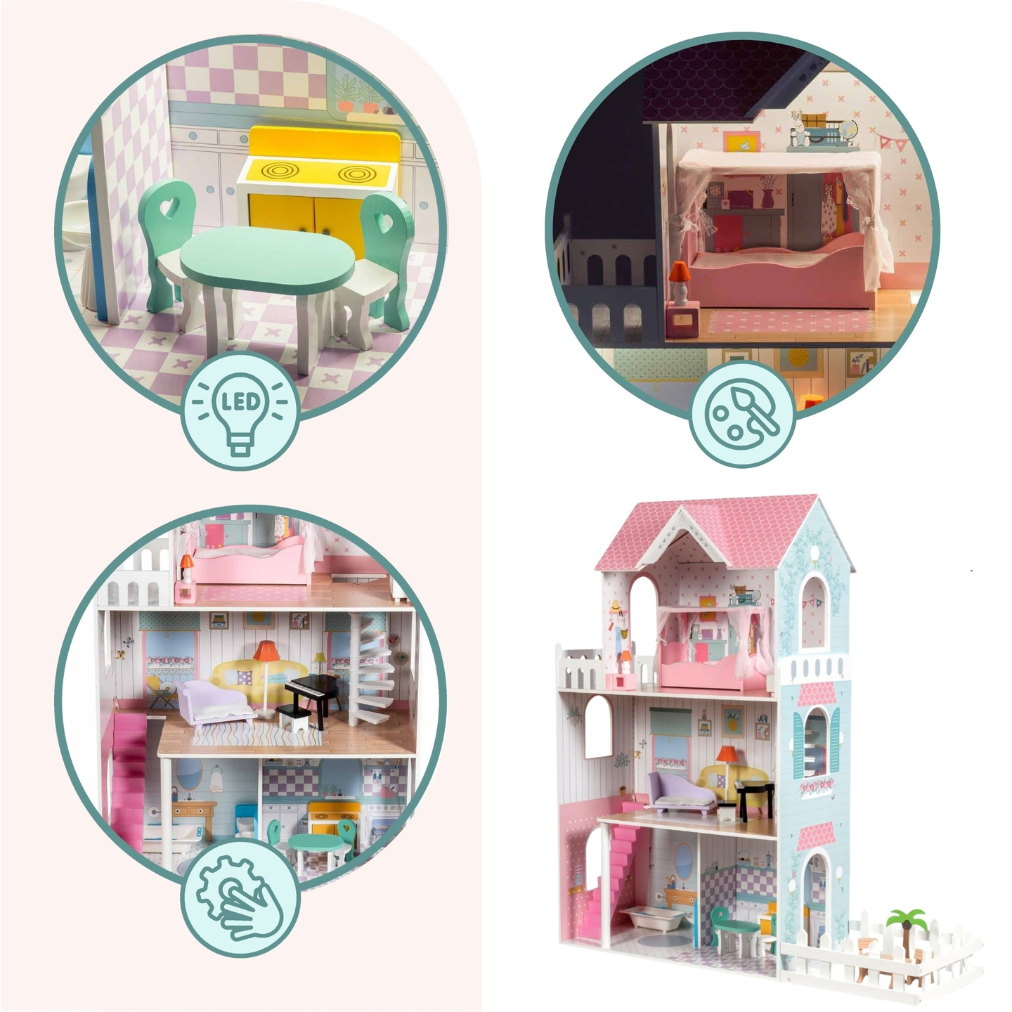 XXL Най-голямата дървена къща за кукли - 123 см - LED осветление - тераса, аксесоари, градина