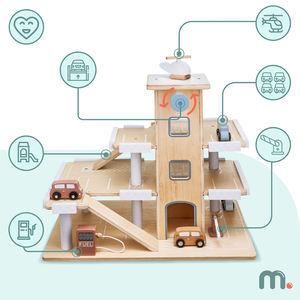 Дървен триетажен паркинг с асансьор - гараж за автомобили и хеликоптер