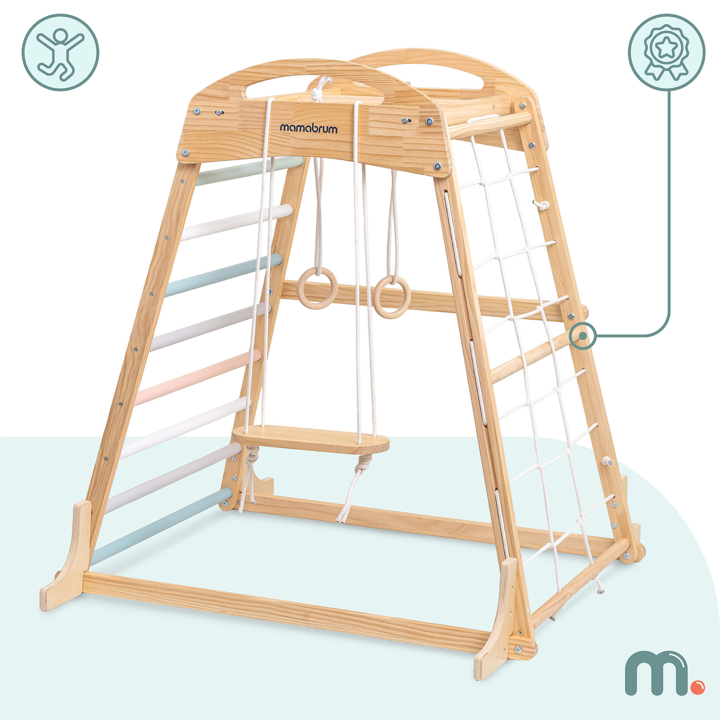 Дървена закрита детска площадка с люлка, гимнастически халки и мрежа за катерене