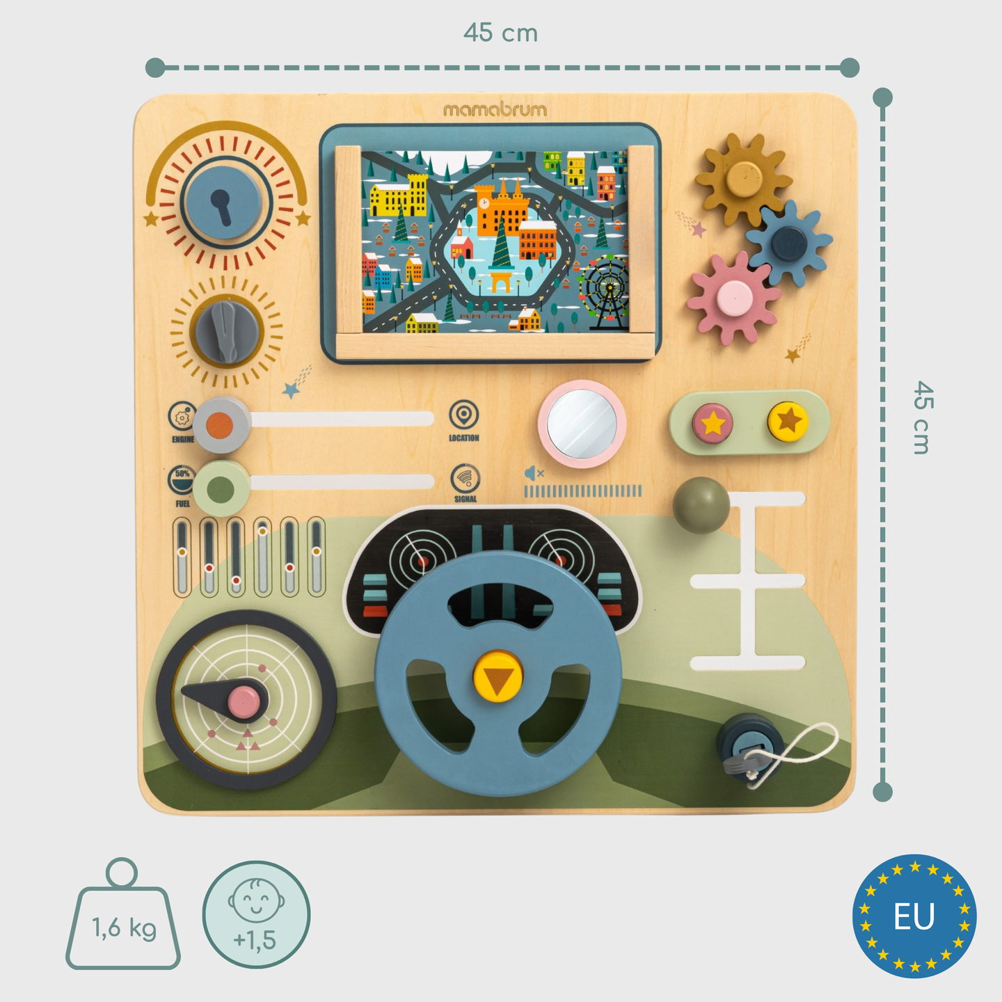 Дървена Монтесори дъска 2 в 1 Кокпит за малкия шофьор и пилот – волан, скоростен лост, карти за пътуване, радар