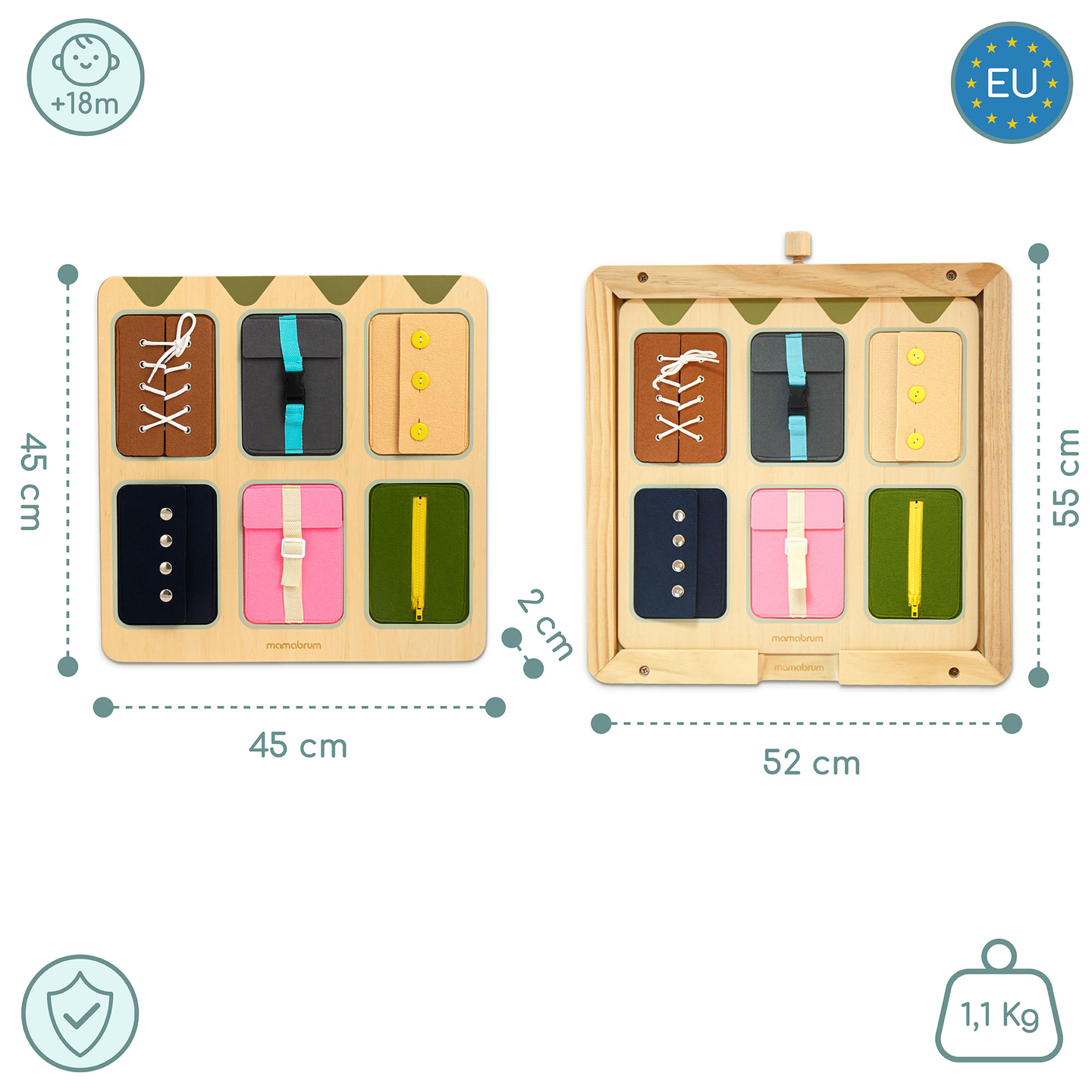 Дървена Монтесори манипулативна дъска – Сензорно обучение за самостоятелност - връзки, катарами, копчета, тик-так закопчалки, цип