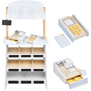 Магазин за зеленчуци - дървен щанд с щайги, касов апарат и терминал