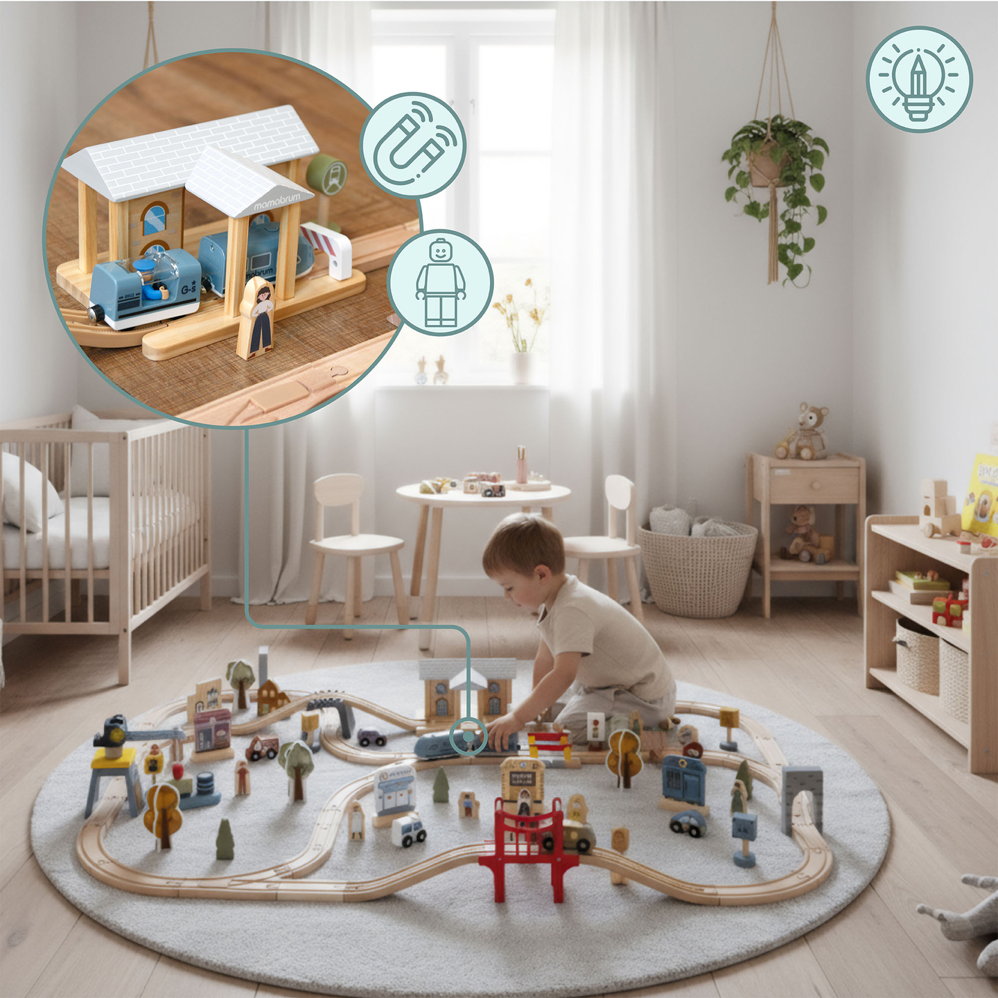 Дървена градска железница с електрически влак - движещ се кран, кораб, мостове