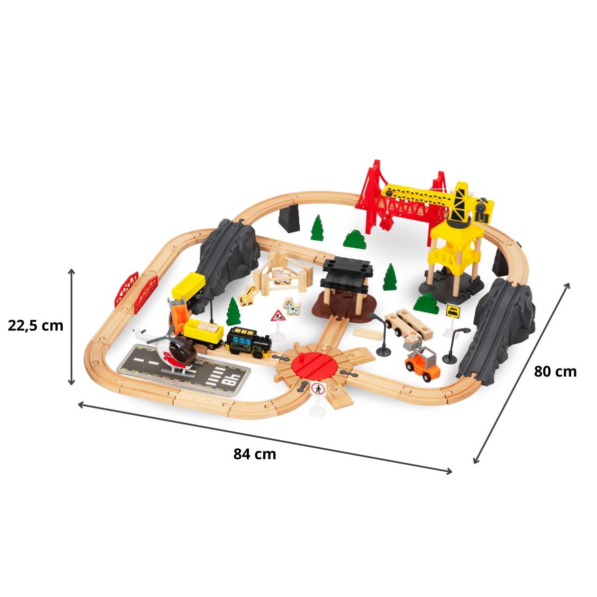 Дървена железница, акумулаторен влак - Град: релси, коли, мост, летище