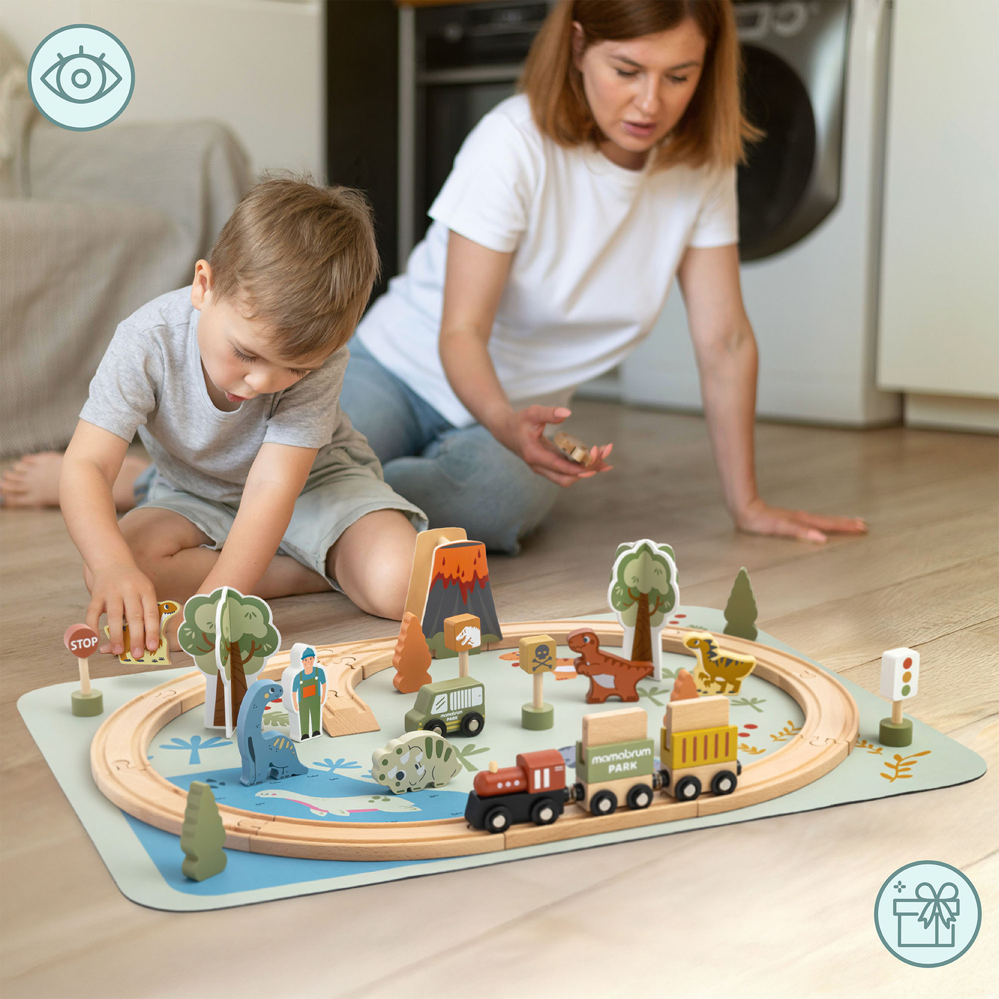 Дървено влакче Дино Парк с противоплъзгаща постелка - динозаври, влакче, релси, вулкан, камбана