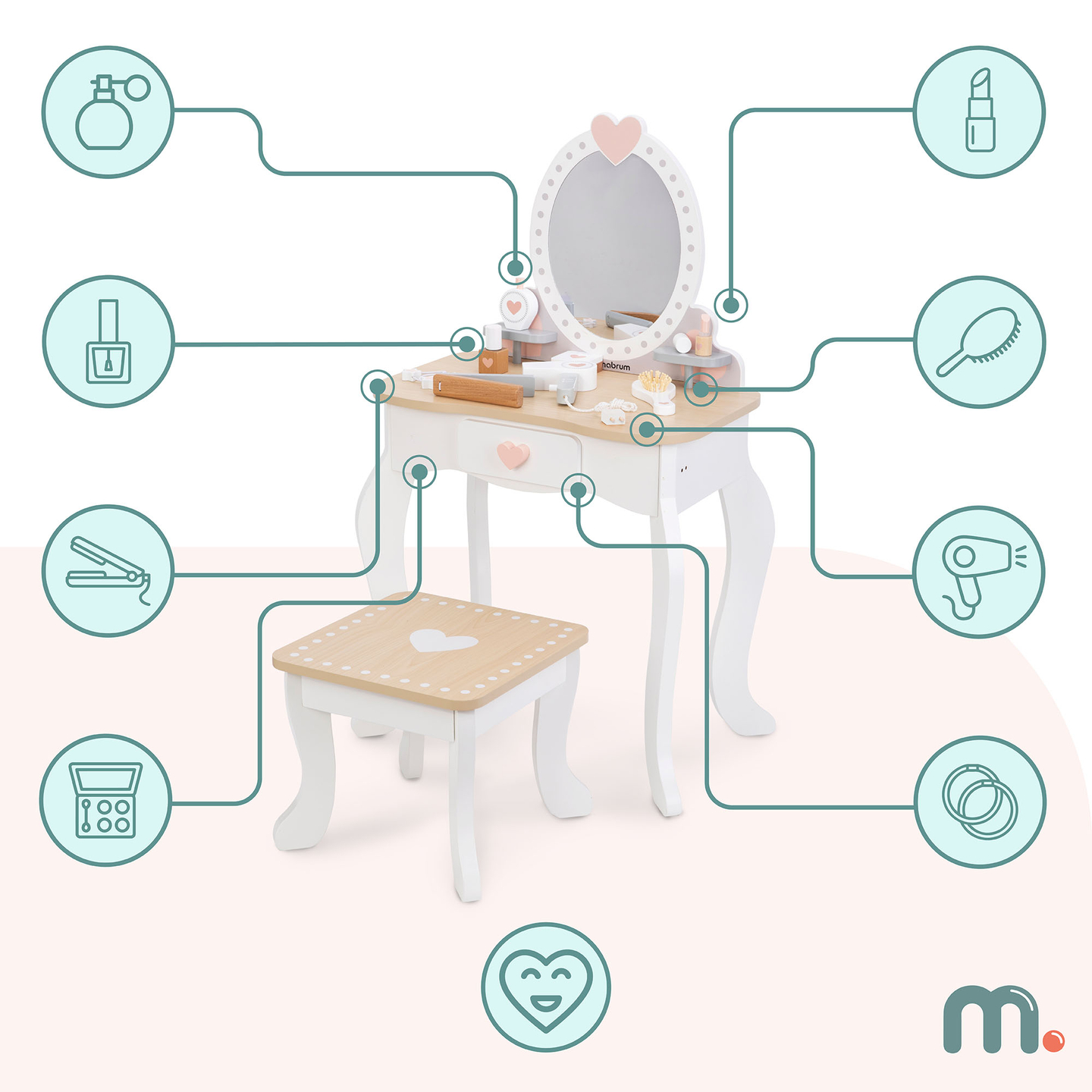 Дървена тоалетка с табуретка и аксесоари