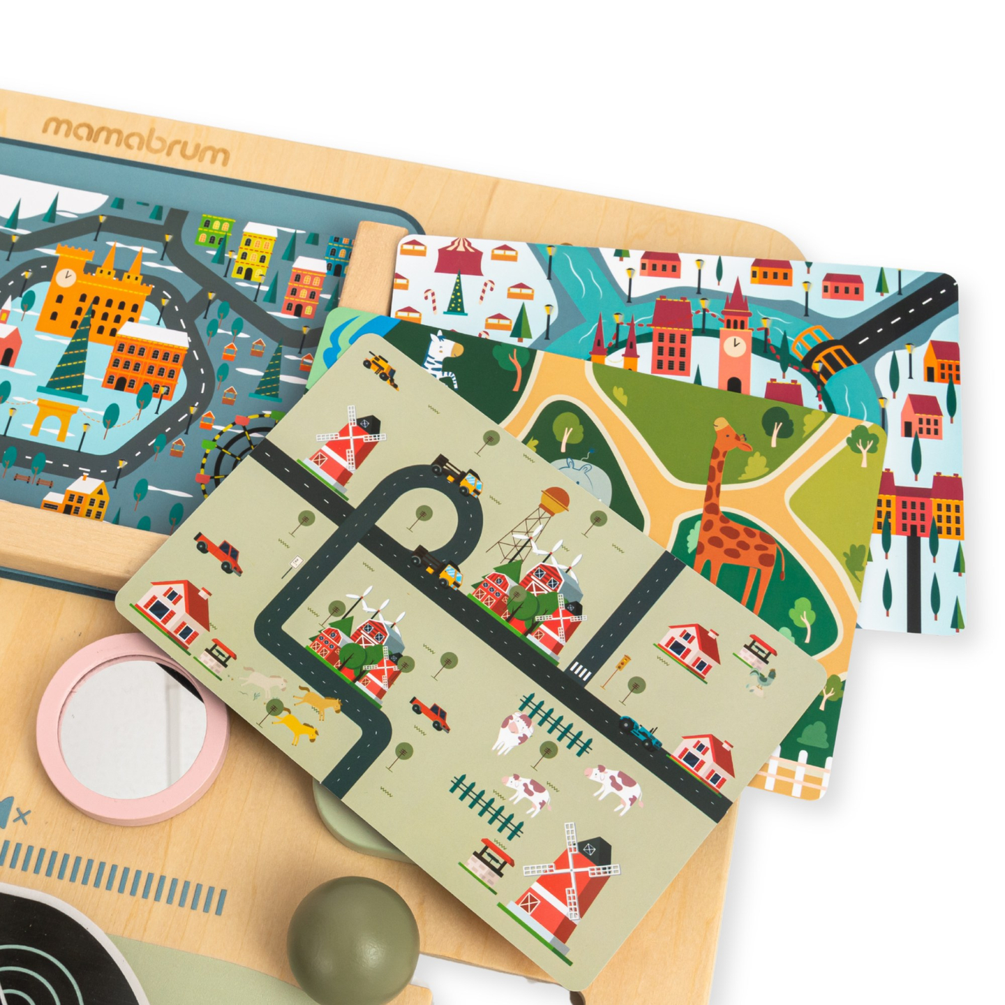 Дървена Монтесори дъска 2 в 1 Кокпит за малкия шофьор и пилот – волан, скоростен лост, карти за пътуване, радар