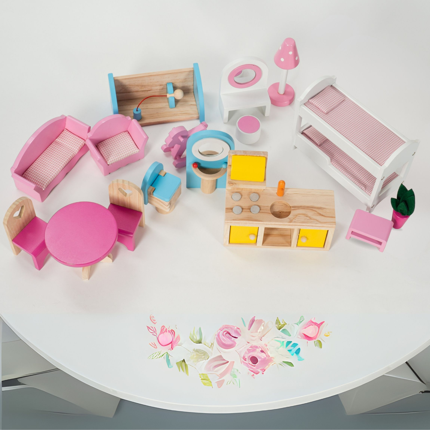 Голяма дървена 3-етажна къща за кукли с тераса, комплект мебели и LED осветление!