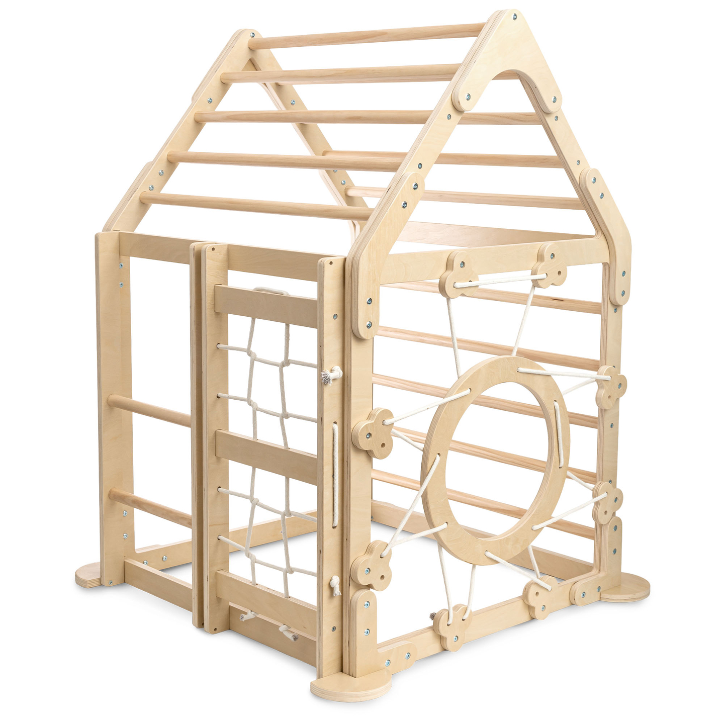 Дървена закрита детска площадка - къщичка със стълби и пързалка