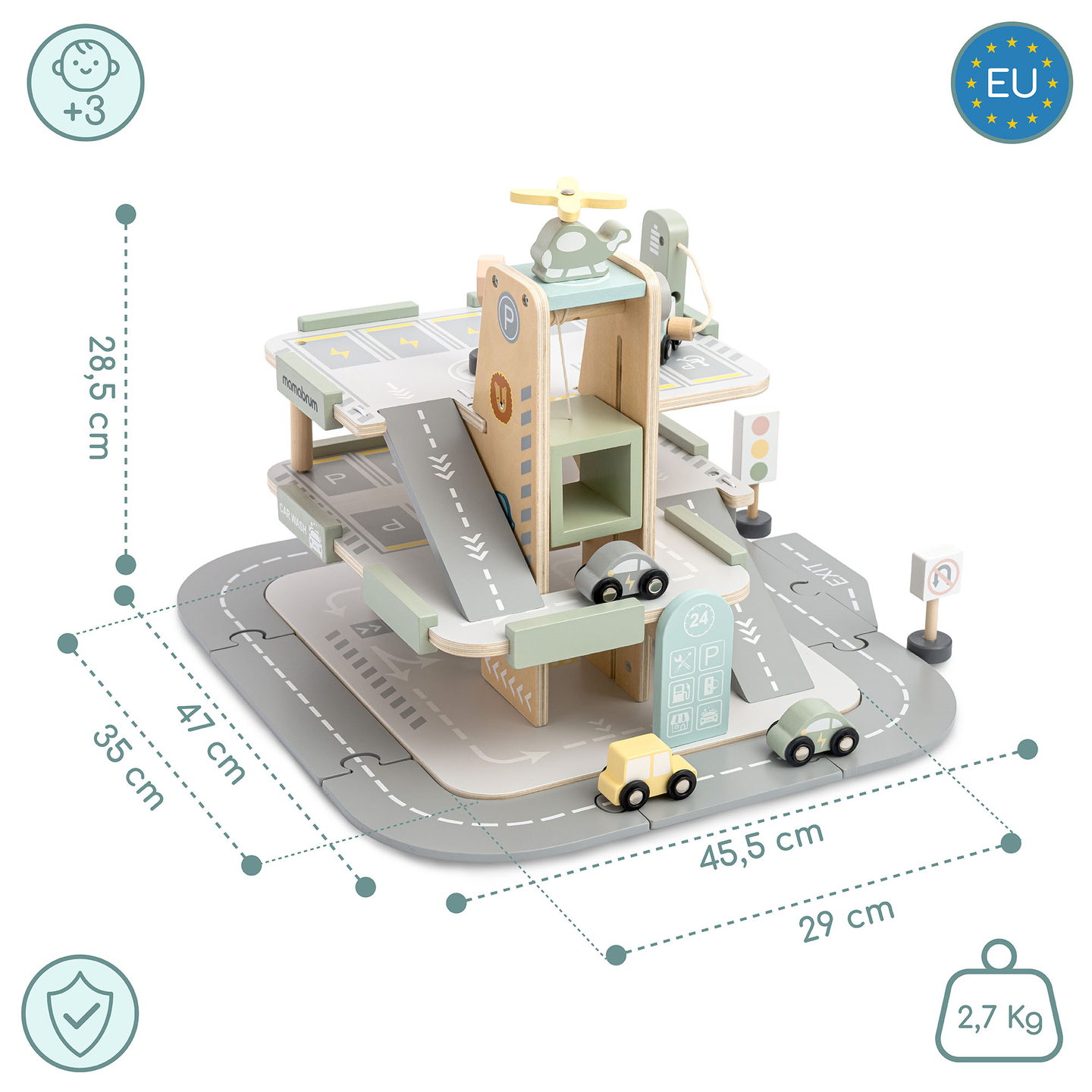 Дървен, триетажен гараж за деца с аксесоари – паркинг, бензиностанция, автомивка, хеликоптер