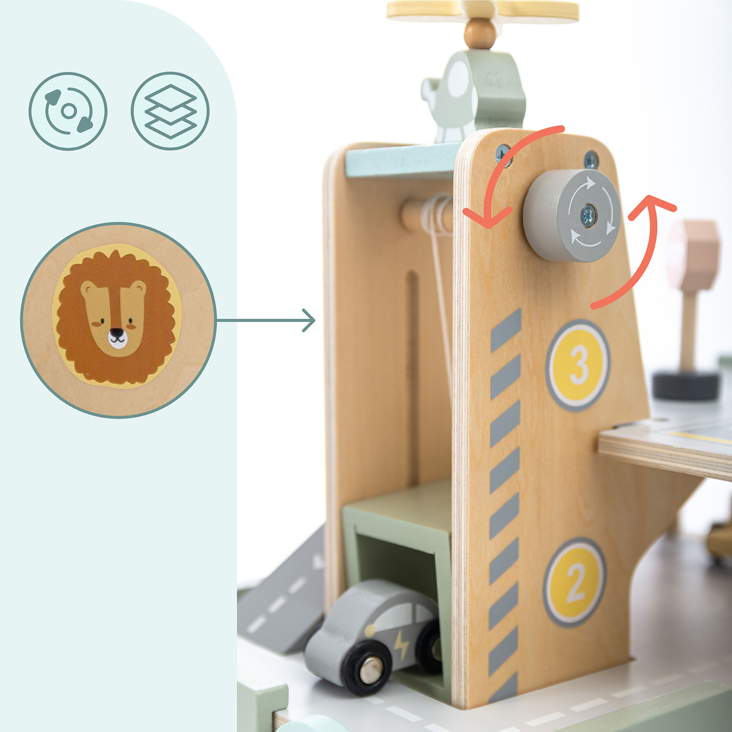 Дървен, триетажен гараж за деца с аксесоари – паркинг, бензиностанция, автомивка, хеликоптер