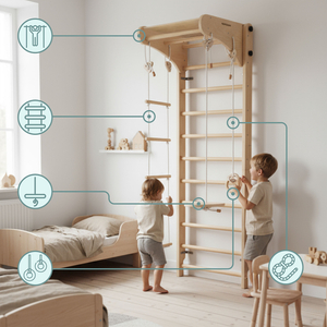 Дървена гимнастическа стълба за деца с аксесоари - люлка, гимнастически халки и въжена стълба