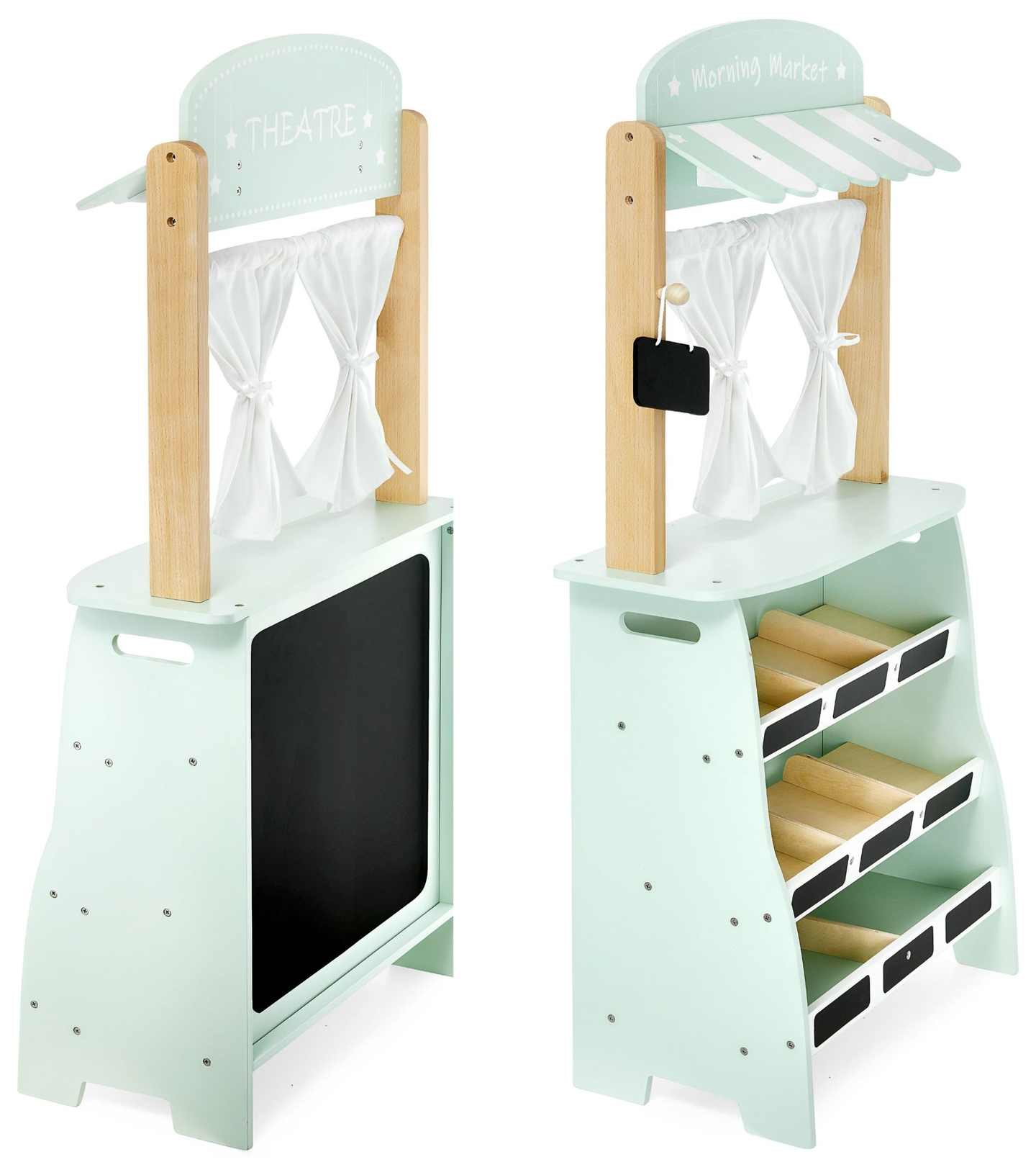 Голям дървен магазин - сергия и театър 2 в 1 с везна, терминал за плащане, плодове и зеленчуци