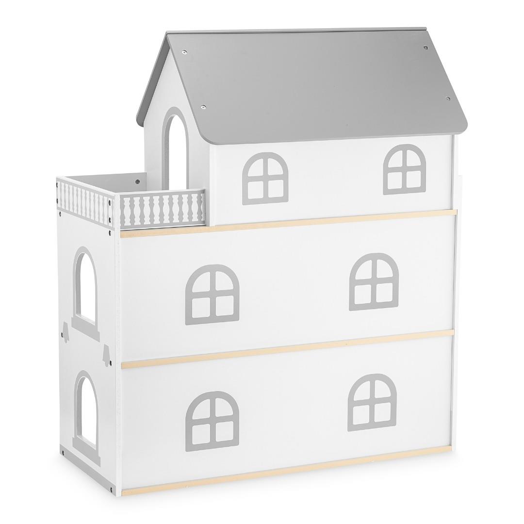 Бяла дървена къща за кукли с тераса и аксесоари