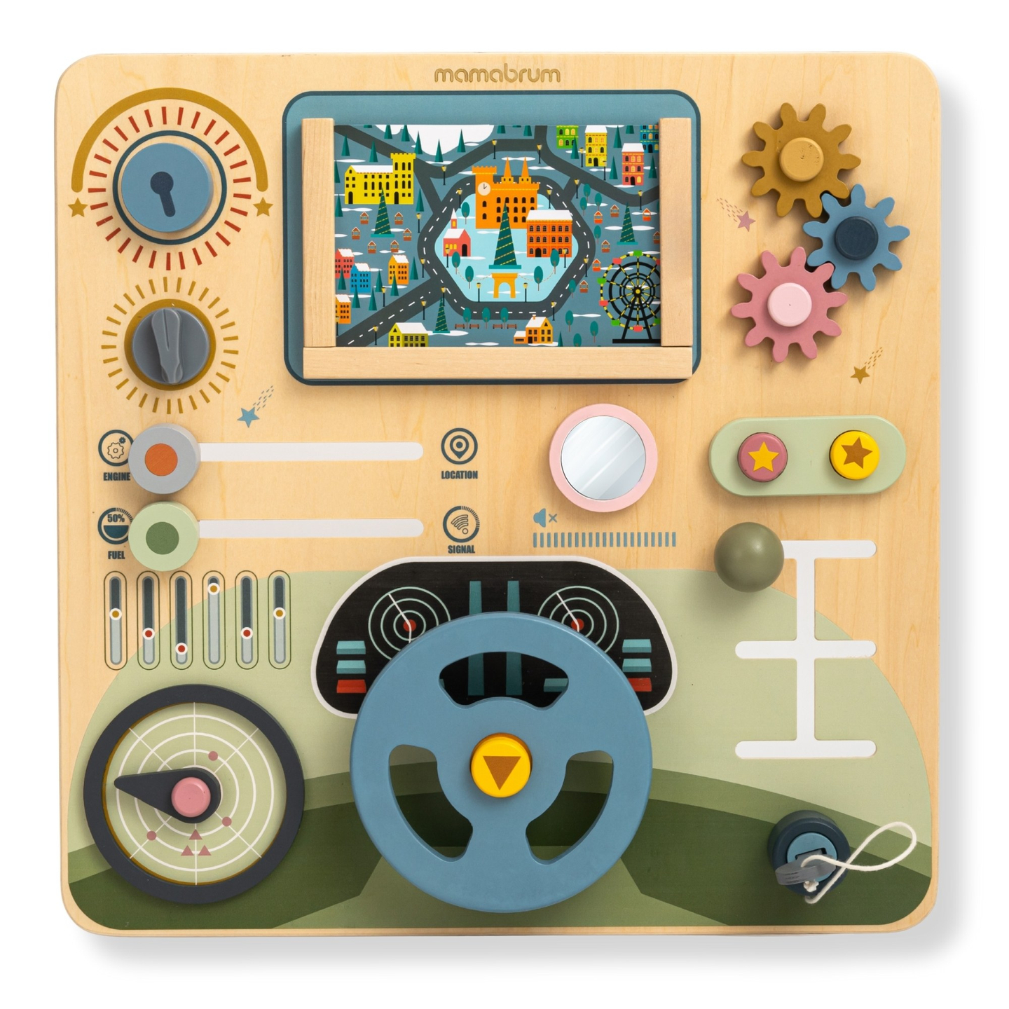 Дървена Монтесори дъска 2 в 1 Кокпит за малкия шофьор и пилот – волан, скоростен лост, карти за пътуване, радар