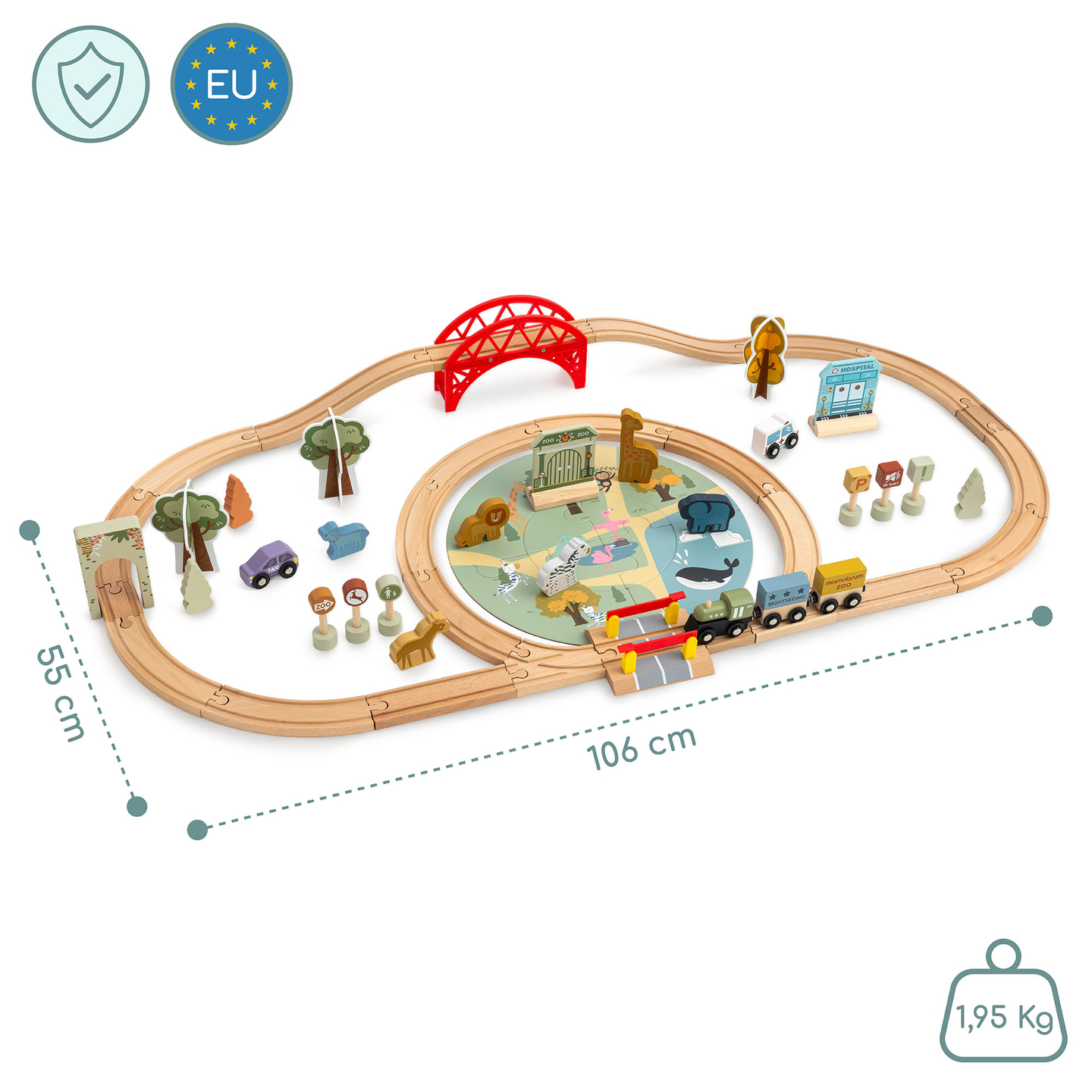 Дървено влакче в зоопарка – пъзел, влакче, релси, животни, мост, бариера