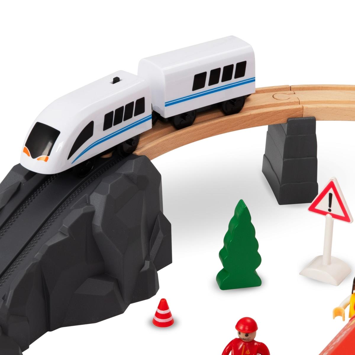 Дървен влак, влак на батерии - пожарна, релси, коли, мостове, бариера