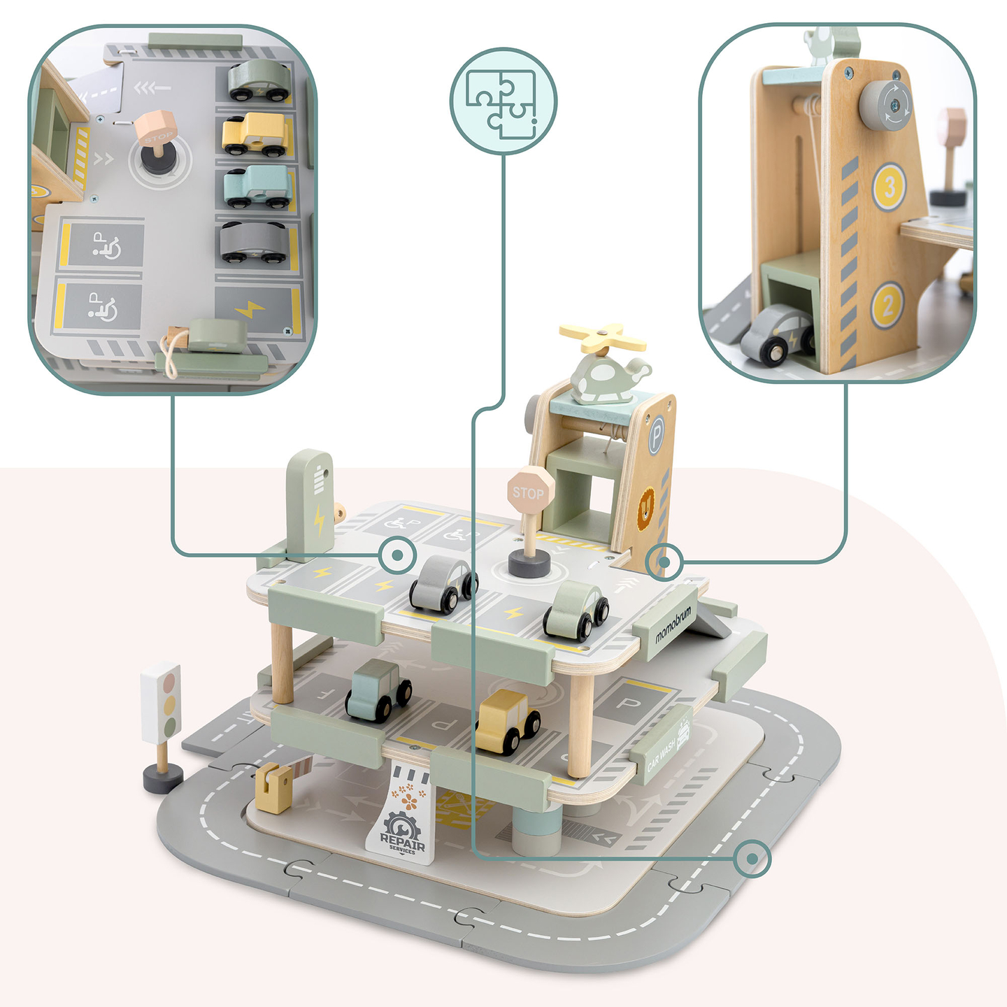 Дървен, триетажен гараж за деца с аксесоари – паркинг, бензиностанция, автомивка, хеликоптер