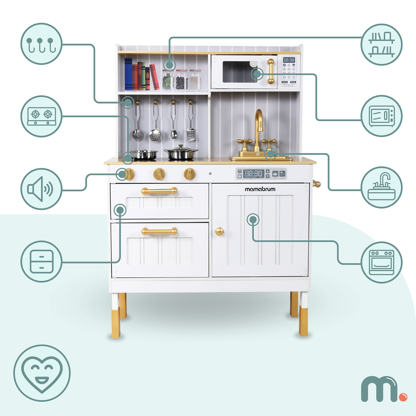 Дървена бяла кухня с аксесоари и престилка