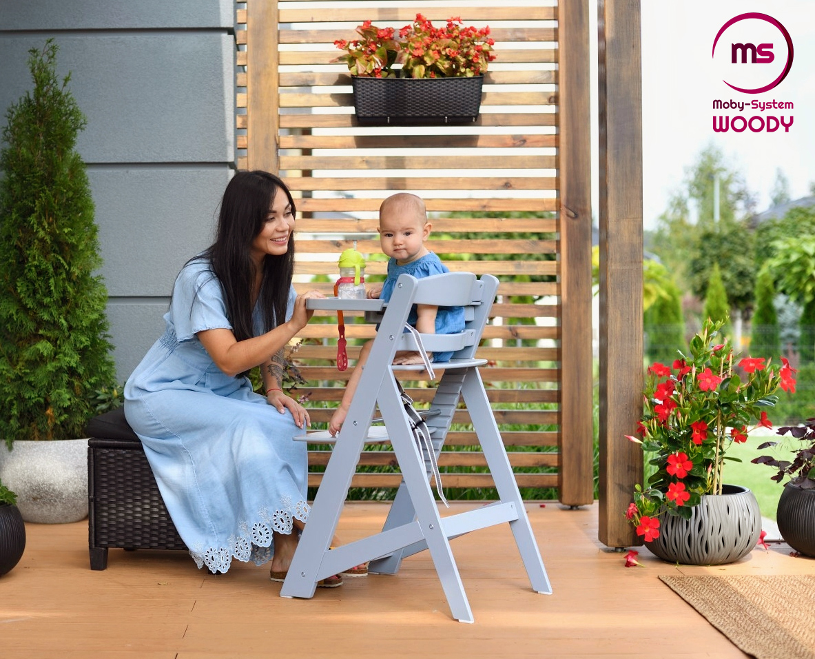 Дървен стол за хранене Moby-System WOODY - сив цвят