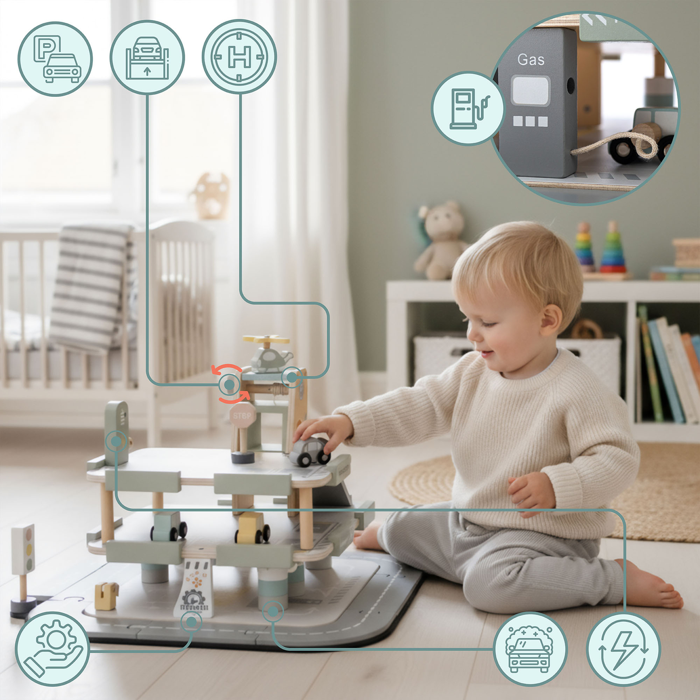 Дървен, триетажен гараж за деца с аксесоари – паркинг, бензиностанция, автомивка, хеликоптер