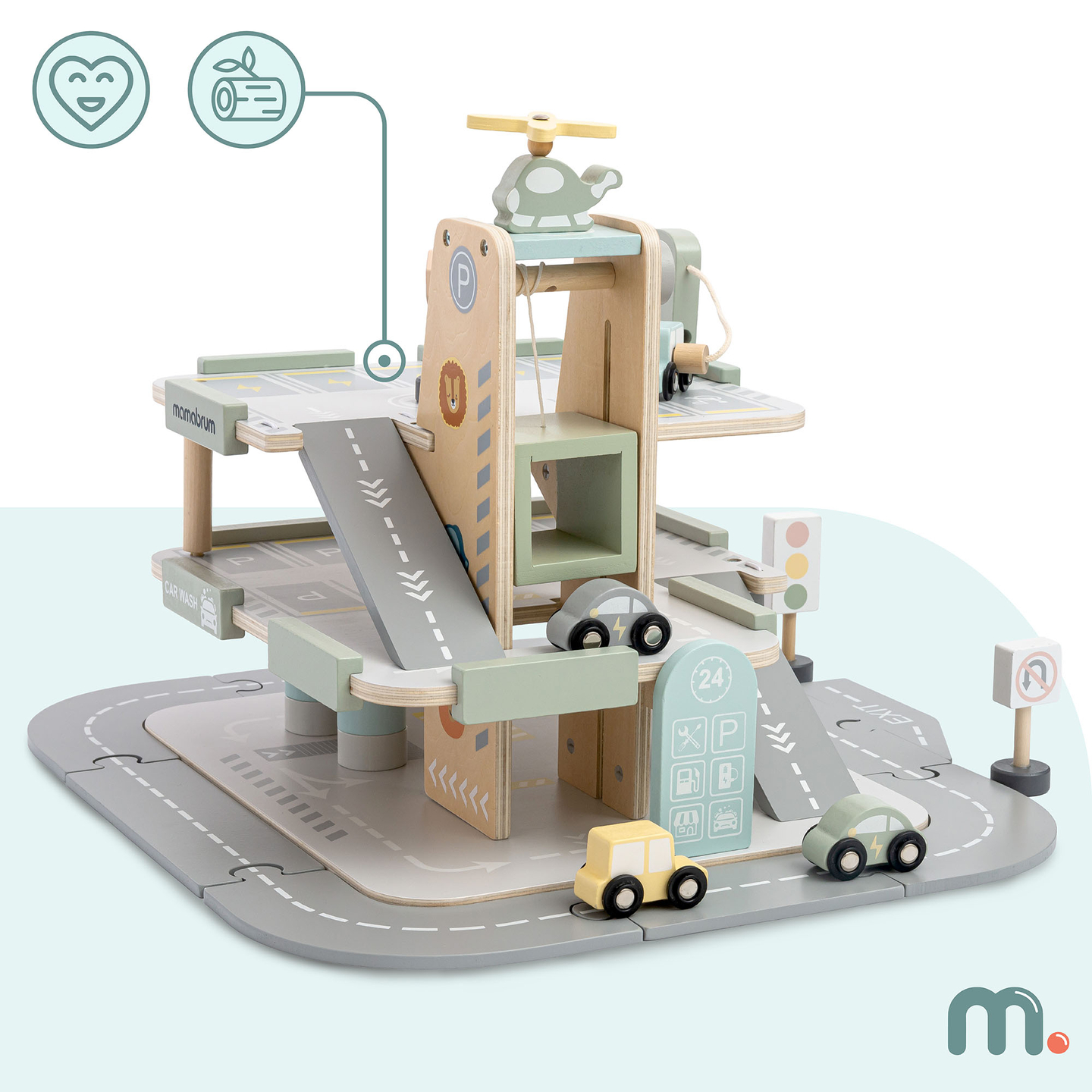 Дървен, триетажен гараж за деца с аксесоари – паркинг, бензиностанция, автомивка, хеликоптер