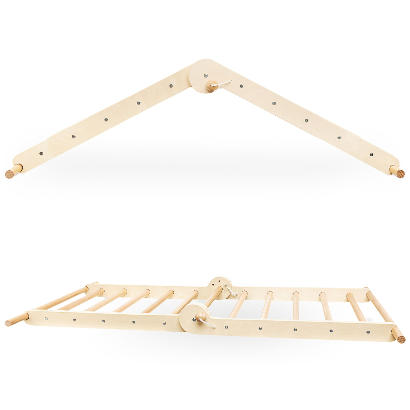 Дървена, домашно направена детска площадка - стълба + стена за катерене + греда за балансиране - триъгълник на Пиклер