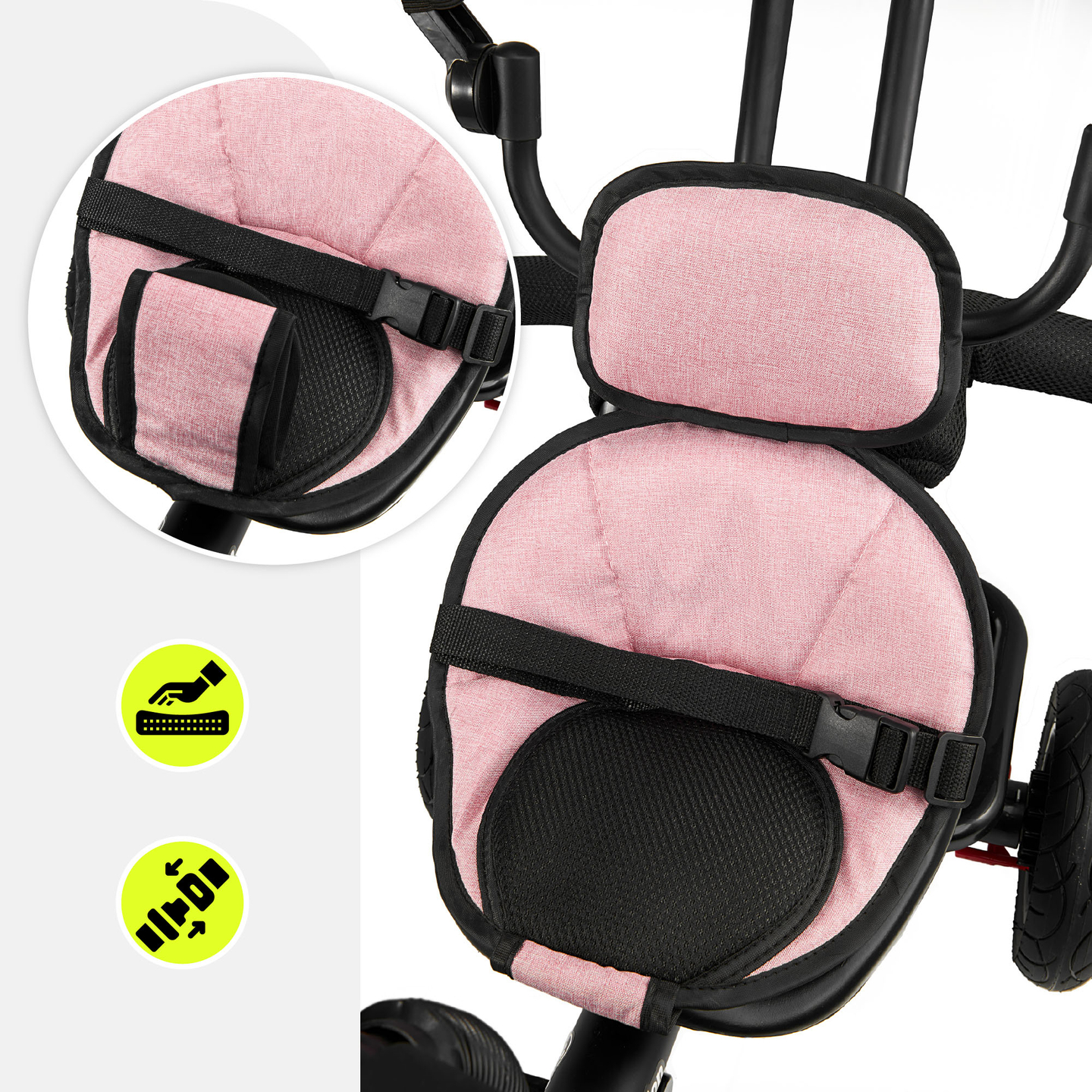 Триколка за деца от 1 до 4 години - TOBI FREY - розов цвят - въртяща се - помпени колела + бутало