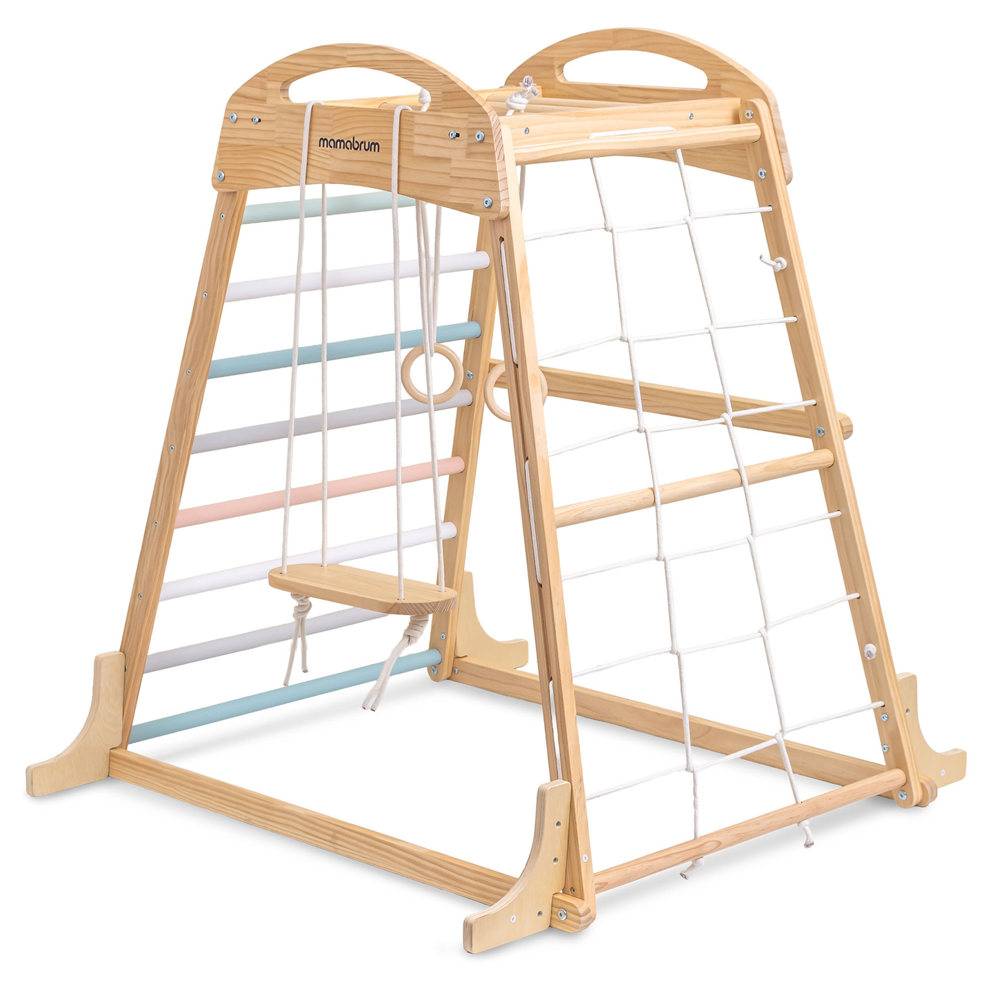 Дървена закрита детска площадка с люлка, гимнастически халки и мрежа за катерене