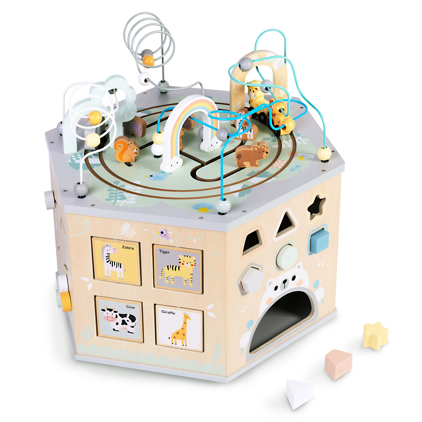 Голям дървен образователен куб - играчка Монтесори с магнитно влакче и моторни примки