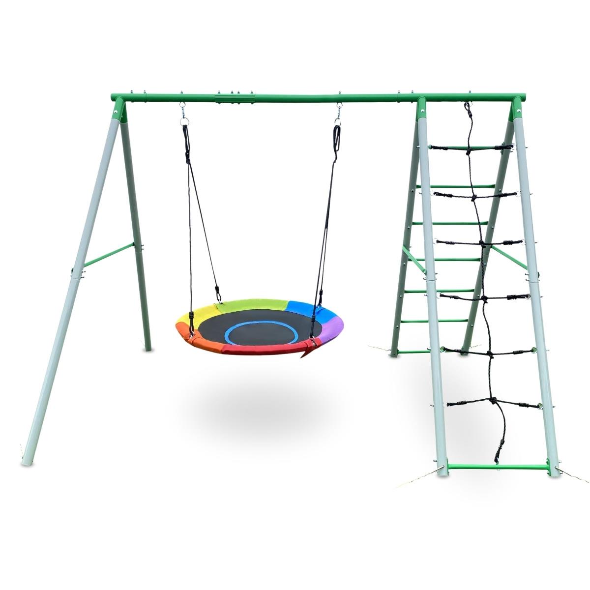 XL градинска площадка за деца с люлка щъркелово гнездо, стълба и мрежа за катерене