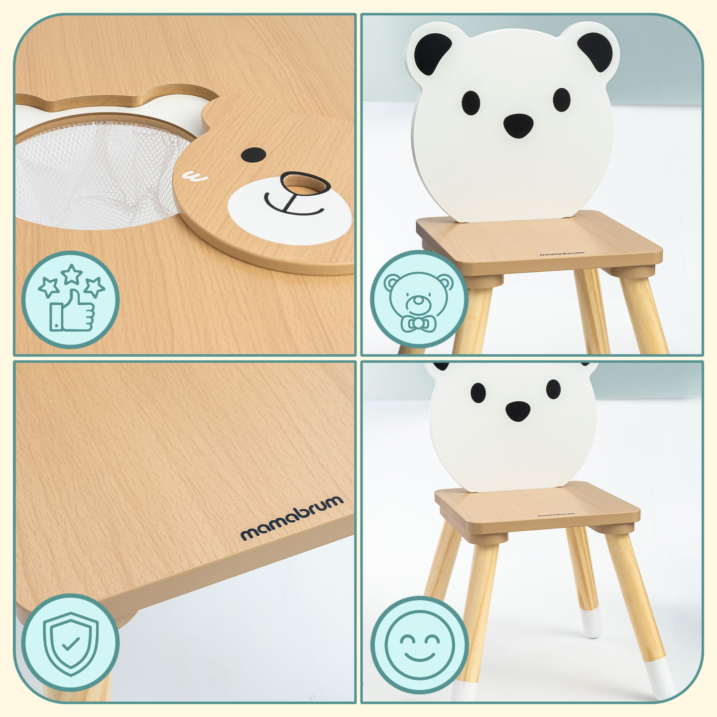 Дървена маса с място за съхранение и 2 стола Детски комплект - Сладко плюшено мече