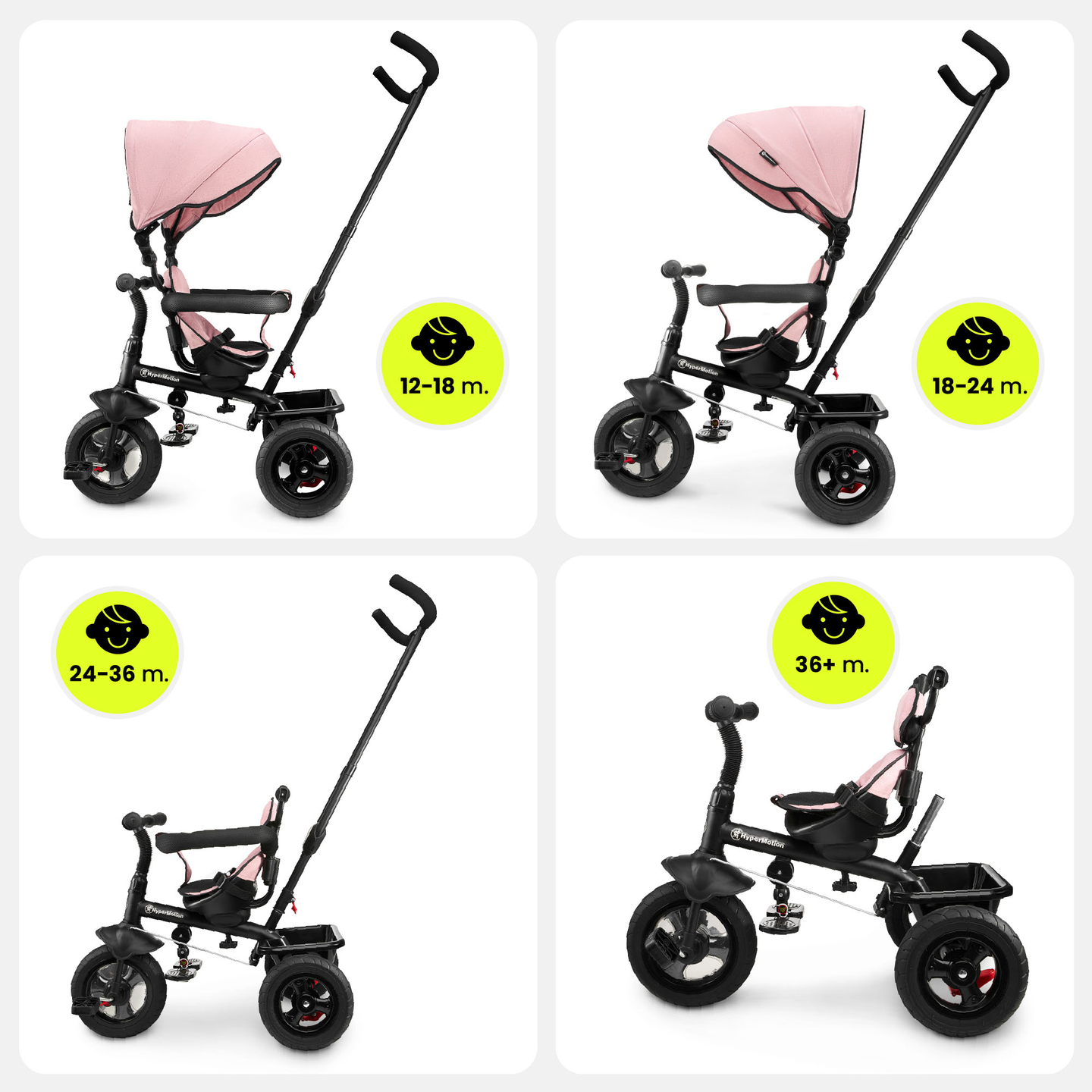 Триколка за деца от 1 до 4 години - TOBI FREY - розов цвят - въртяща се - помпени колела + бутало