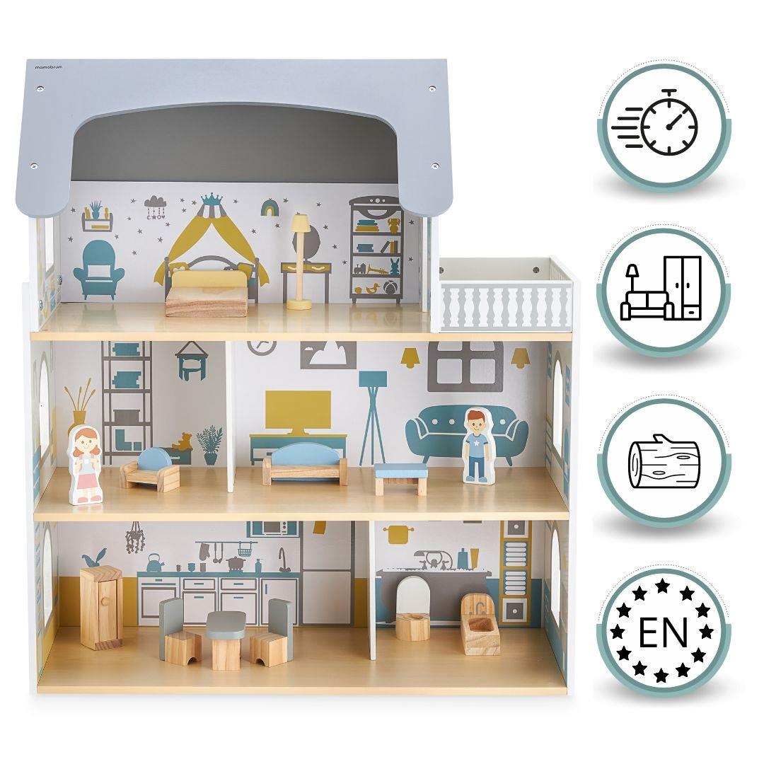 Бяла дървена къща за кукли с тераса и аксесоари