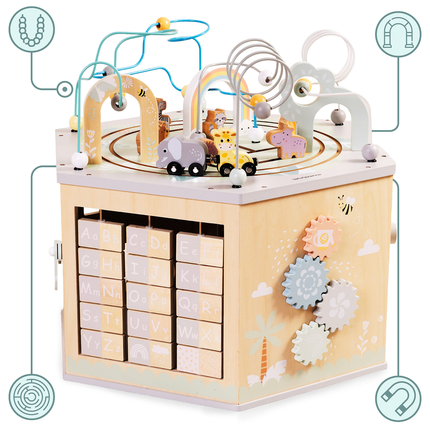 Голям дървен образователен куб - играчка Монтесори с магнитно влакче и моторни примки