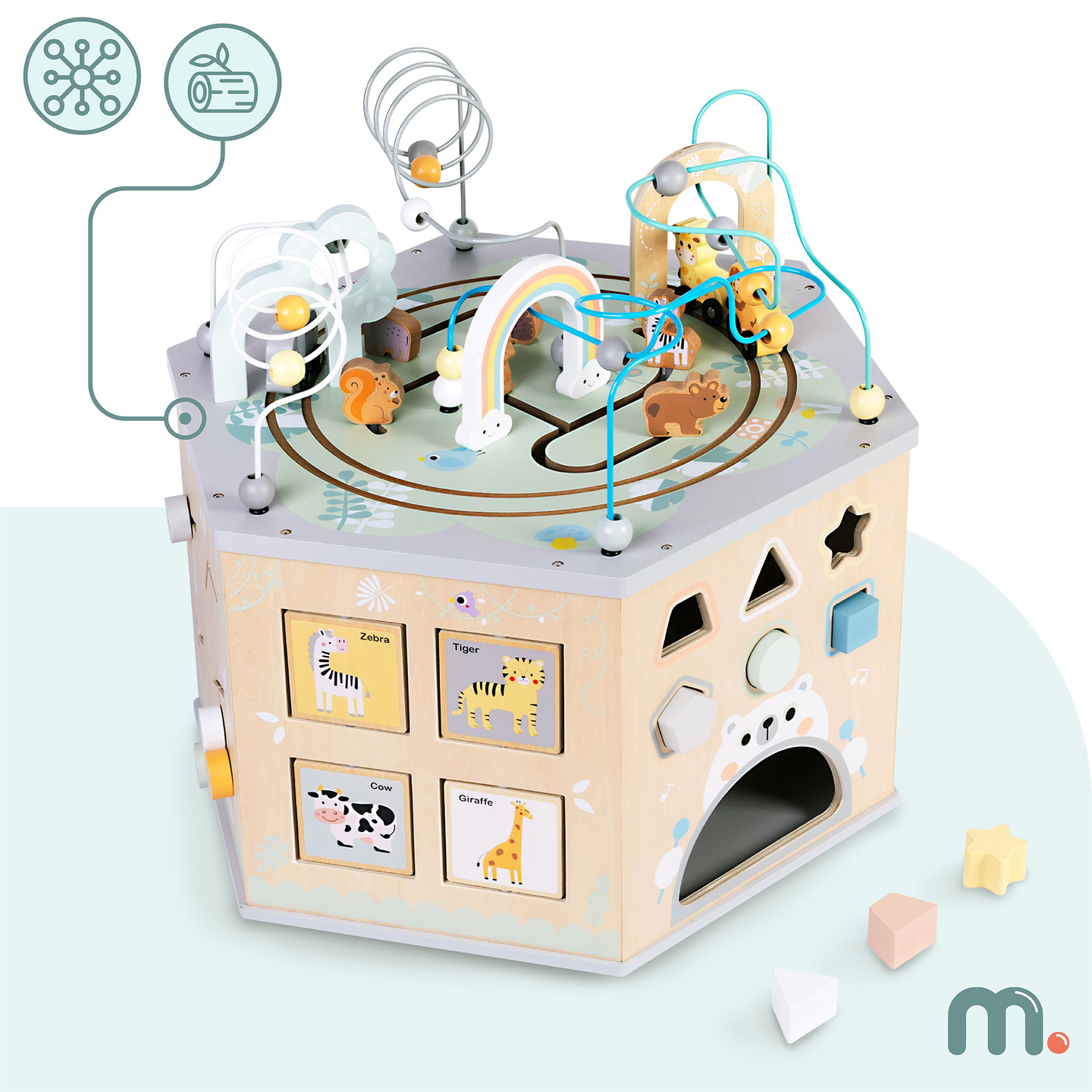 Голям дървен образователен куб - играчка Монтесори с магнитно влакче и моторни примки