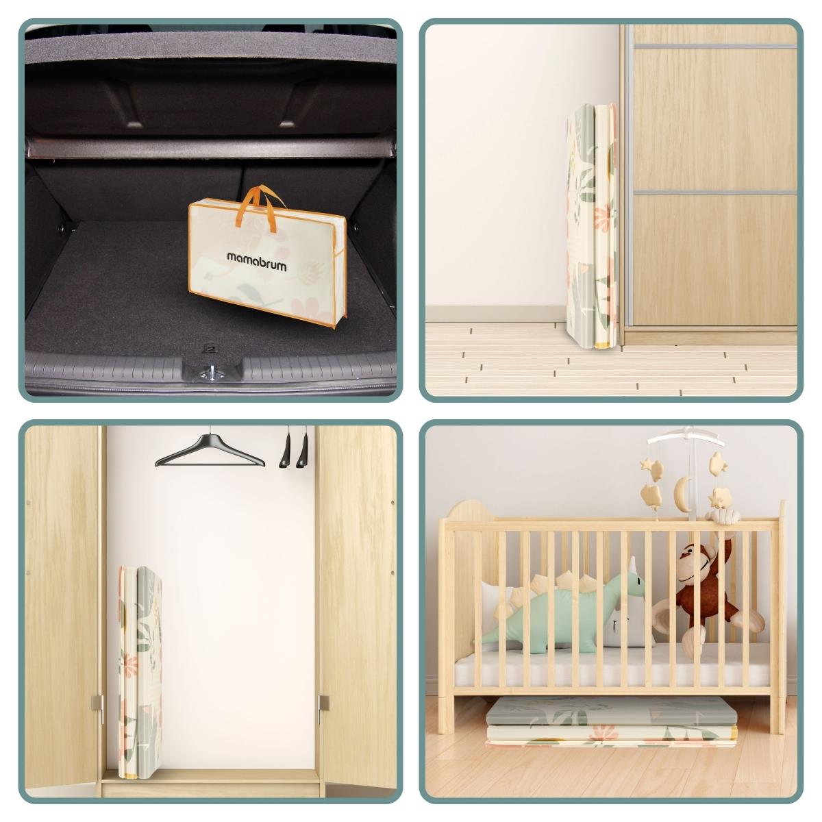 Двустранна сгъваема постелка от пяна 180 x 120 x 1cm - Екзотични слонове/нежно сиво