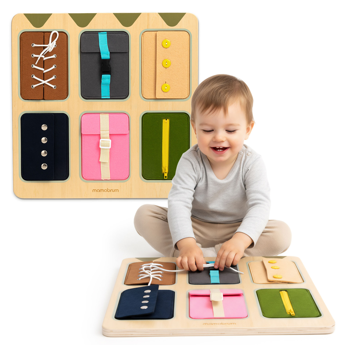 Дървена Монтесори манипулативна дъска – Сензорно обучение за самостоятелност - връзки, катарами, копчета, тик-так закопчалки, цип