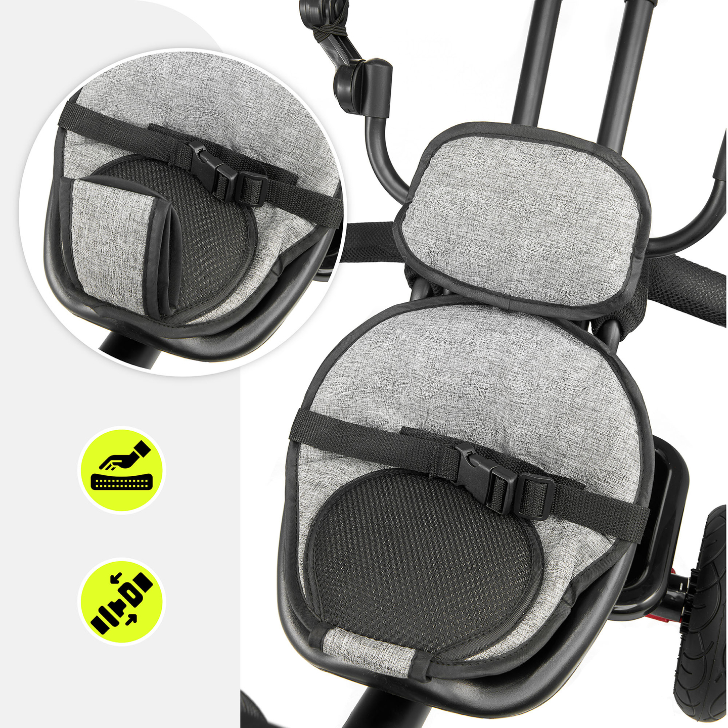 Триколка за деца от 1 до 4 години - TOBI FREY - сив цвят - въртяща се - помпени колела + бутало