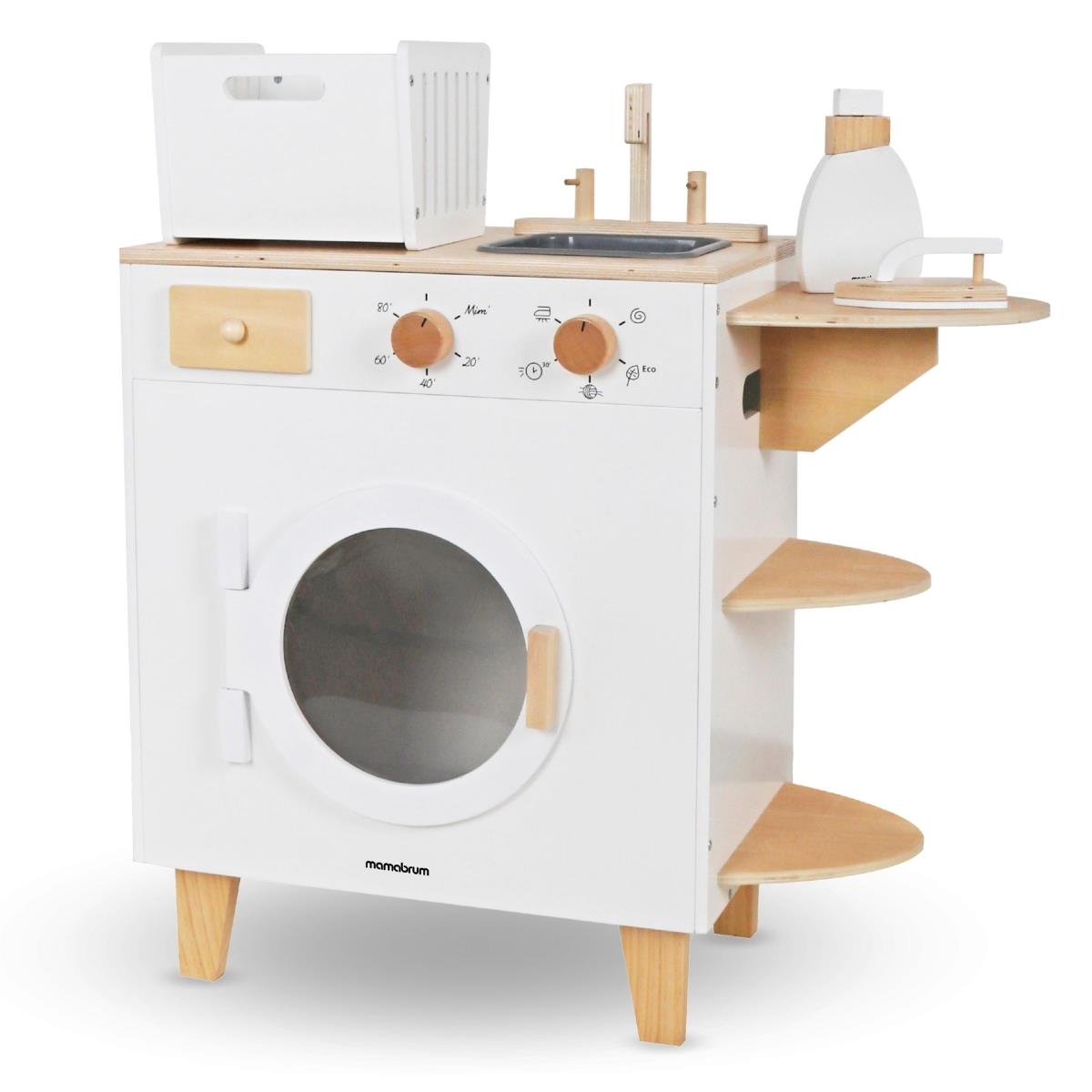 Дървена перална машина с ютия, кош и перилна течност