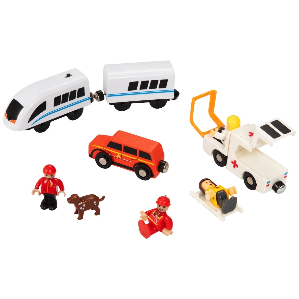 Дървен влак, влак на батерии - пожарна, релси, коли, мостове, бариера