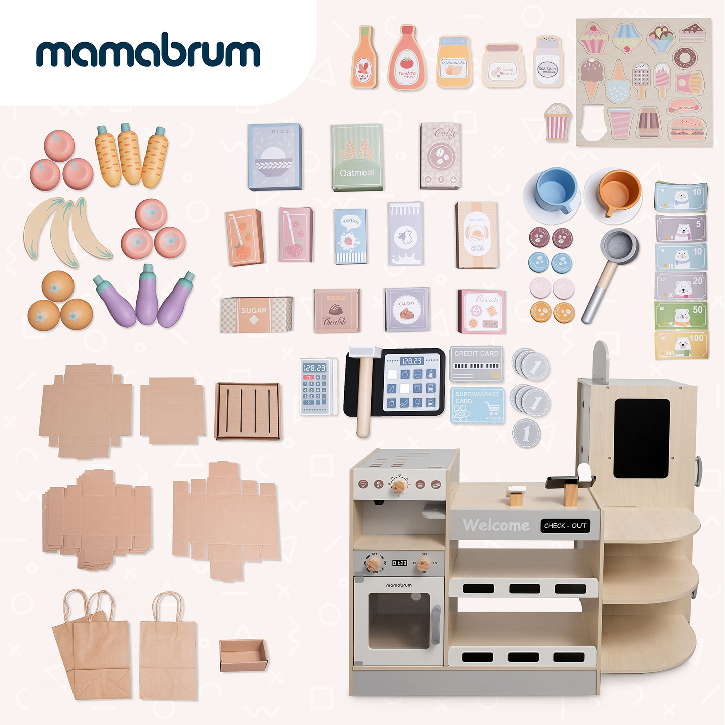 Голям дървен магазин XXXL за деца с бар за бързо хранене - Ъглов магазин + Кафе машина + Фурна + Хладилник - 106 ак.