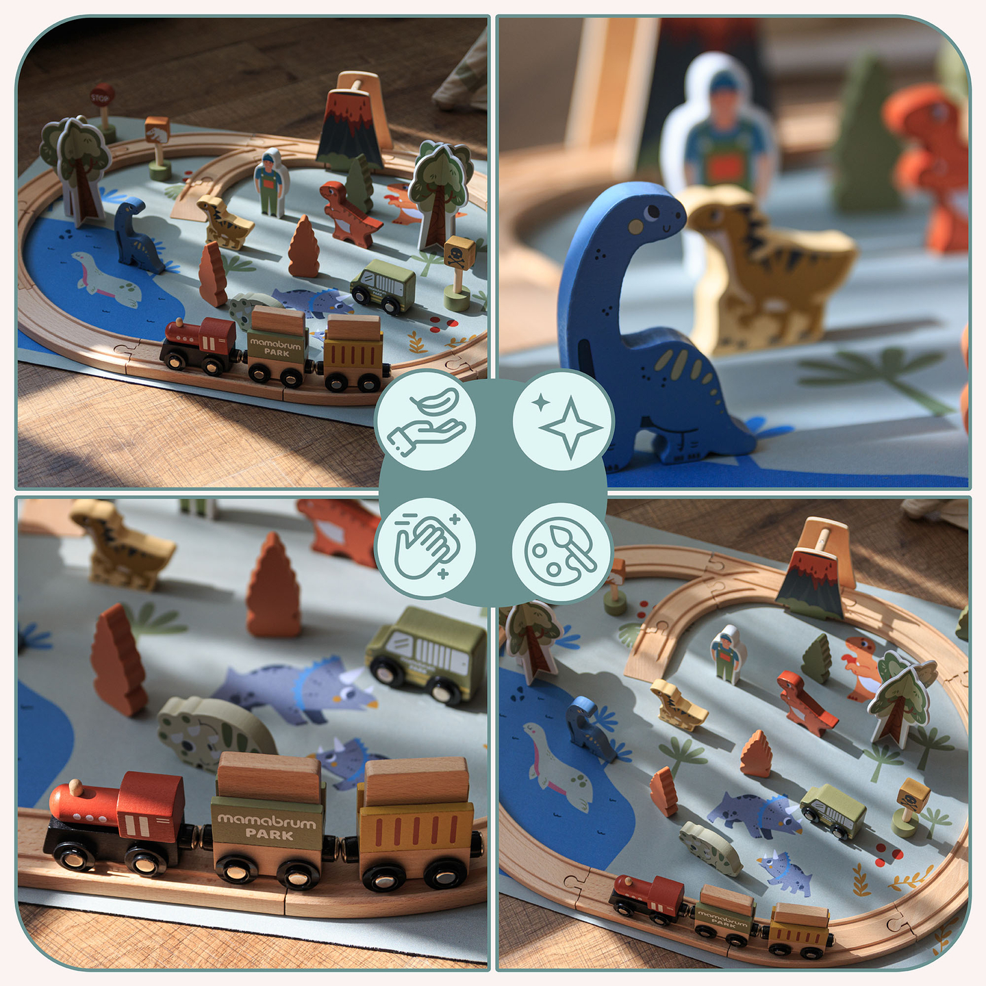 Дървено влакче Дино Парк с противоплъзгаща постелка - динозаври, влакче, релси, вулкан, камбана