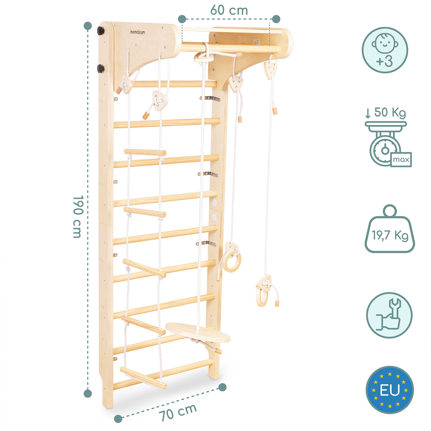 Дървена гимнастическа стълба за деца с аксесоари - люлка, гимнастически халки и въжена стълба
