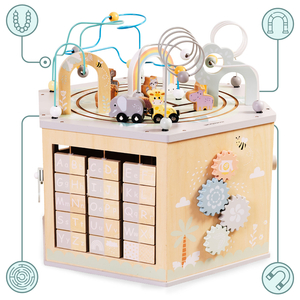 Голям дървен образователен куб - играчка Монтесори с магнитно влакче и моторни примки