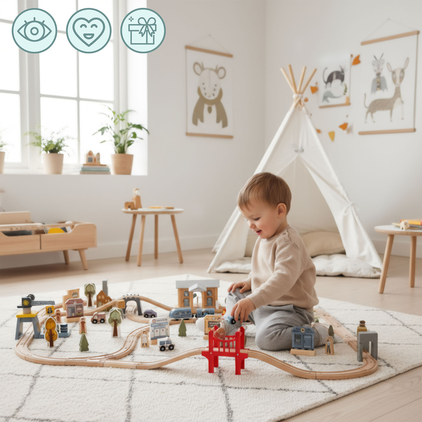 Дървена градска железница с електрически влак - движещ се кран, кораб, мостове