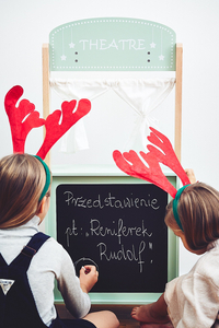 Голям дървен магазин - сергия и театър 2 в 1 с везна, терминал за плащане, плодове и зеленчуци