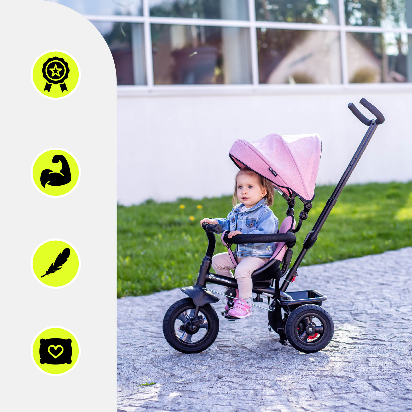 Триколка за деца от 1 до 4 години - TOBI FREY - розов цвят - въртяща се - помпени колела + бутало