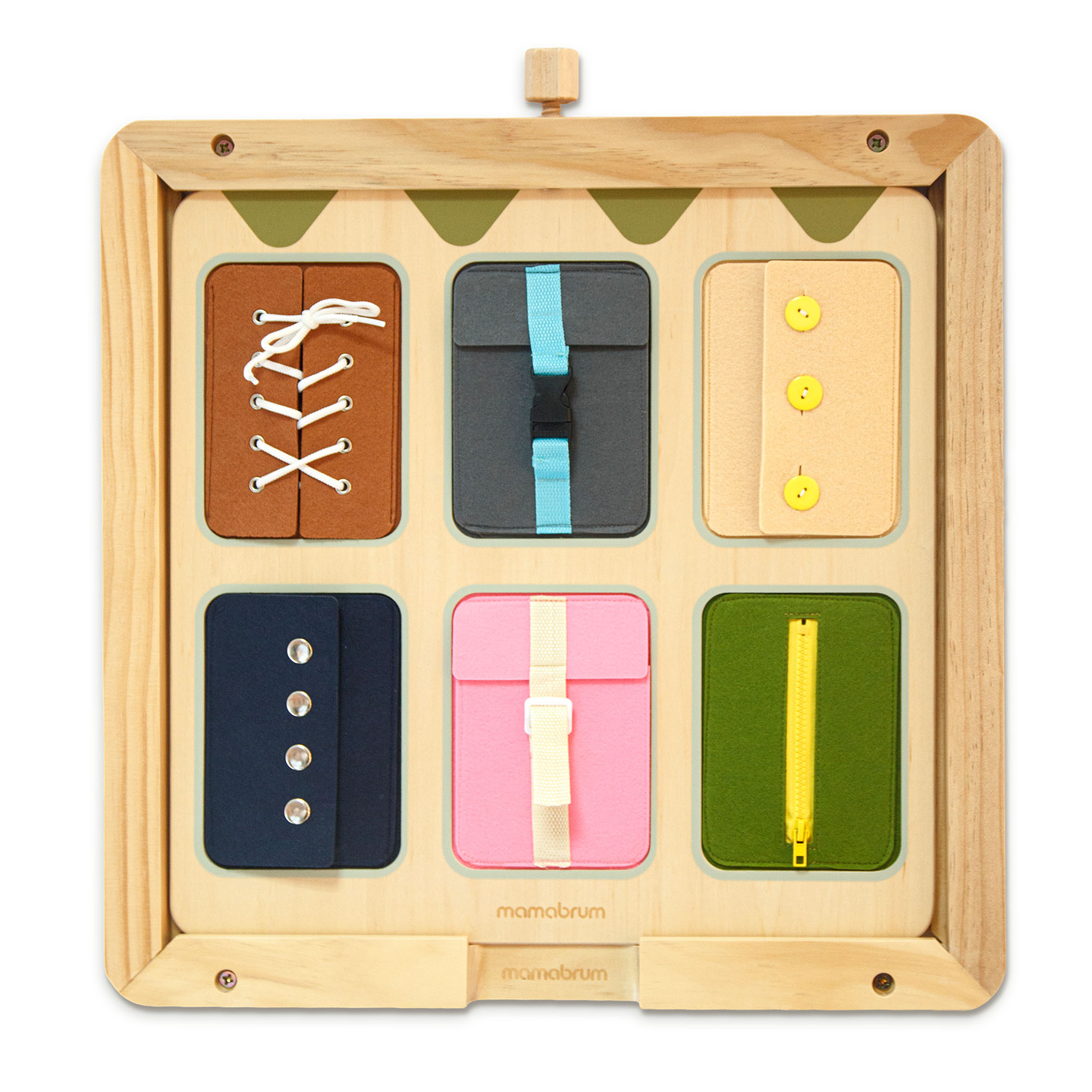 Дървена Монтесори манипулативна дъска – Сензорно обучение за самостоятелност - връзки, катарами, копчета, тик-так закопчалки, цип