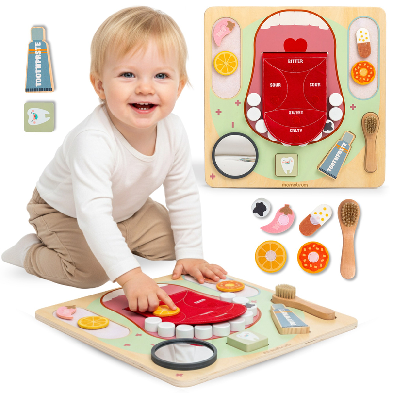 Дървена образователна дъска Монтесори за малък зъболекар - четка за зъби, паста за зъби, подвижни зъби, огледало, храна, учебни вкусове